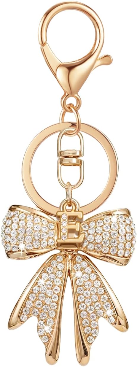XGALBLA Sparkly Cute Initial Letter Rhinestone Bow Keychain for Women Gold Tone Bag Charms Coquette Aesthetic Purse Charms
