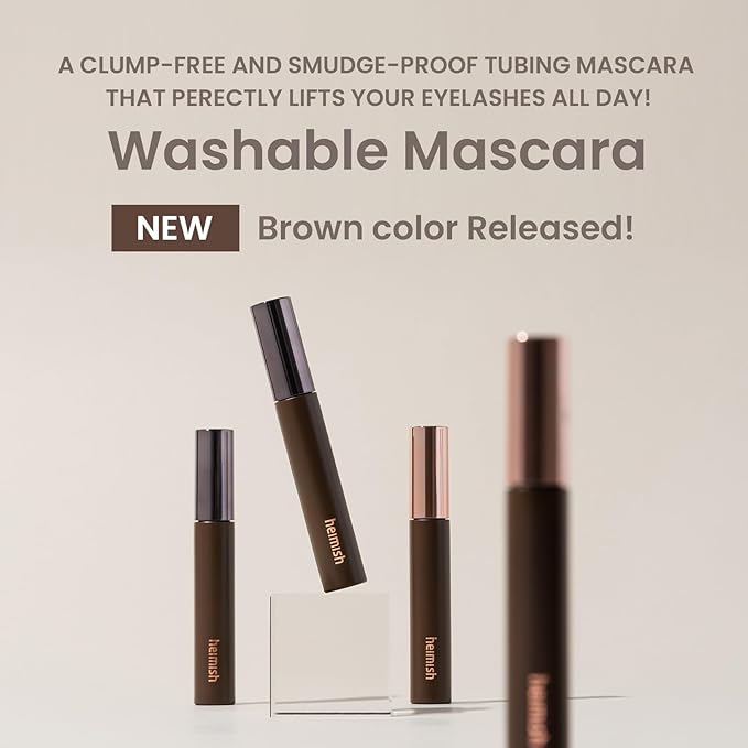 HEIMISH Dailism Smudge Stop Mascara, Curling & Lengthening, Long-lasting, Smudge-proof, Washable Cleansing Korean Mascara, 0.32oz/9g - Brown Curling
