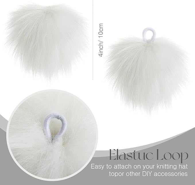 Tatuo 100 Pcs Faux Fur Pom Poms for Hat 4 Inches Large Fluffy Pom Balls for Crafts Knitting Beanies Shoes Scarves Bag Pompoms Keychain Charms Winter DIY Accessories (White)