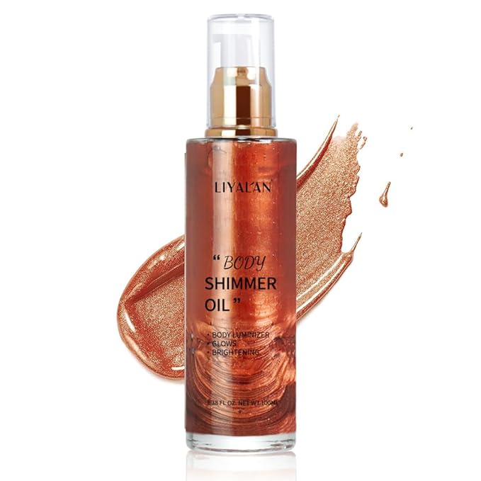 Liyalan Shimmer Body Oil Golden Brown 5 Color Bronze Face Glow Pearl Highlighter Illuminator Body Makeup Shine Glitter Gold Liquid Taning 3.38 Fl Oz