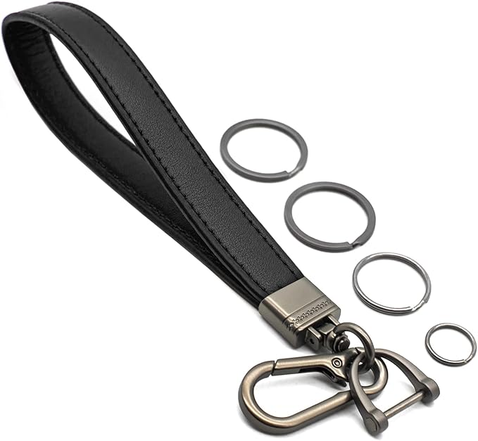 Car Fob Key Chain Genuine Leather Wristlet Strap Keychains Holder for Men and Women, 360 Degree Rotatable, with Anti-lost D-Ring, Carabiner Clip and 4pcs Key Rings, Dark and Black