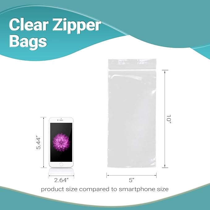 APQ Clear Plastic Reclosable Zipper Bags, 5 x 10 Inches. Pack of 1000 Reclosable Plastic Bags with Zipper Closure. 2 Mil Plastic Jewelry Bags. Waterproof Reclosable Zip Bags for Industrial Use
