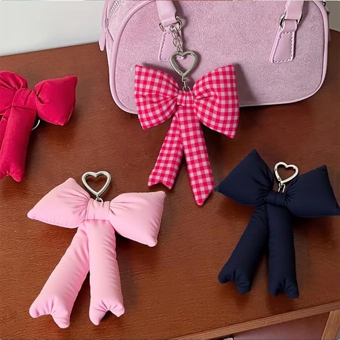 Pink Bow Keychain Bag Charms Y2K Bowknot Plaid Keychains Coquette Aesthetic Purse Handbag Backpacks Charms
