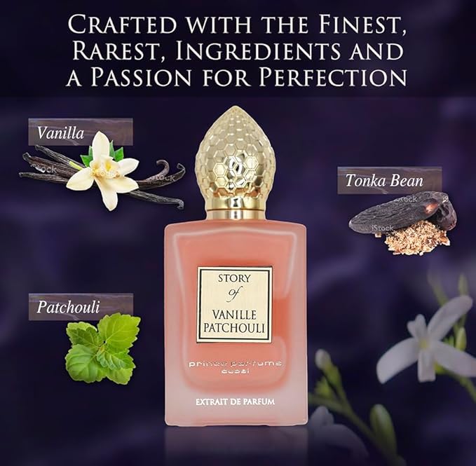 Prince Parfums Dubai - Story of Vanille Patchouli For Women - 3.4 Ounces - Extrait de Parfum - Alluring Floral Fusion of Vanilla, Patchouli & Tonka Bean - Scent of Seductive Allure & Timeless Elegance