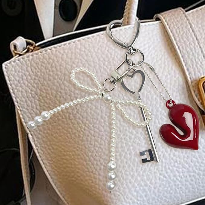 Cute Red Heart Pearl Bow Keychain Accessories, Decorative Pendant for Women's Keychain, Purse, Backpack, Handbags, Gifts