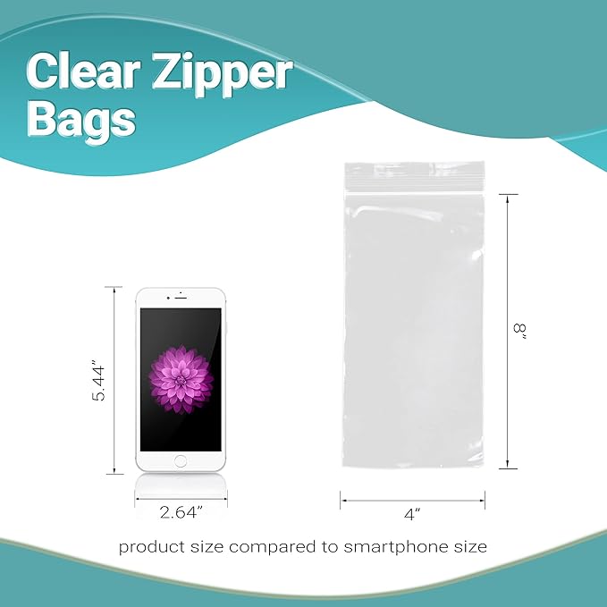 APQ Clear Plastic Reclosable Zipper Bags, 4 x 8 Inches. Pack of 1000 Reclosable Plastic Bags with Zipper Closure. 2 Mil Plastic Jewelry Bags. Waterproof Reclosable Zip Bags for Industrial Use