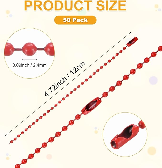 M METERXITY 100-Pack Ball Beads Chain, 4.7 in Metal Beaded Necklace Adjustable Keychain with Connectors for Jewelry Making/DIY Crafts/Hanging Decoration, Dog Tag Chain [Red]