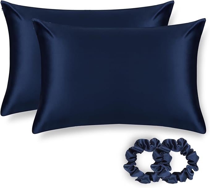 ALASKA BEAR Silk Pillowcase for Hair and Skin, Set of 2 Pure Genuine 22 Momme Mulberry Silk Pillow Cases King Size for Bliss Sleep Better Than Poly Satin, Zipper Closure(2pc, Navy)