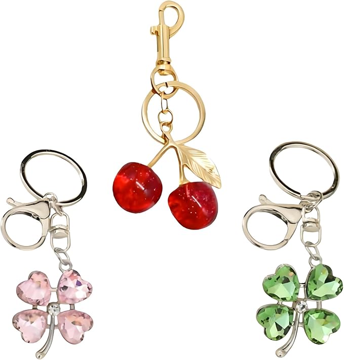 Four Leaf Clover Cherry Bag Charm Keychain,Cute Cherry Purse Charm,Clover Handbag Keychain,keyring for Women 3pcs