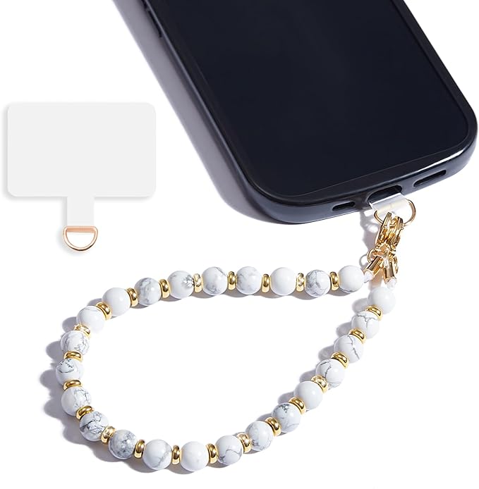Marble Beaded Phone Wrist Strap,Detachable Phone Bracelet Strap with Tether Tab,Hands-Free Wristlet Strap (Marble-White)