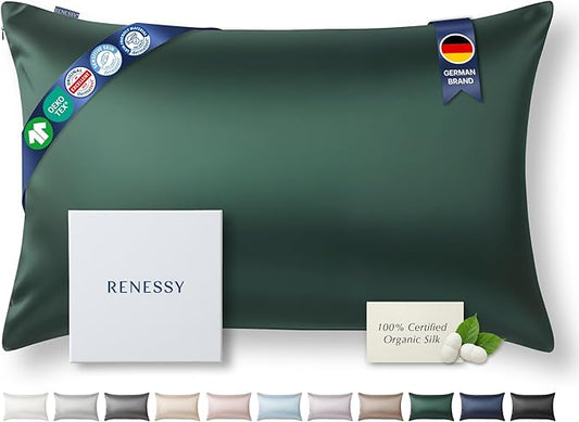 RENESSY Premium Silk Pillowcase 100% Organic Mulberry Silk, 22 Momme, Grade 6A - Oeko-Tex Certified in Germany - Luxury for Hair & Skin, 1 Piece (Standard Size 20x26 Inches, Emerald Green)
