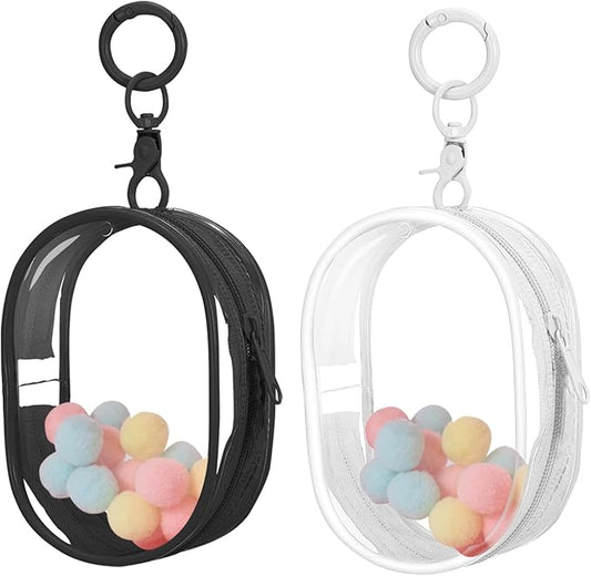 Huakaile 2 Pieces Clear Figure Display Bag with Keychain, Clear Pouch Keychain with Zipper & Fur Balls, Mini Doll Pouch Carrying Case for Blind Box Storage Collectibles (2 PCS, White, Black)