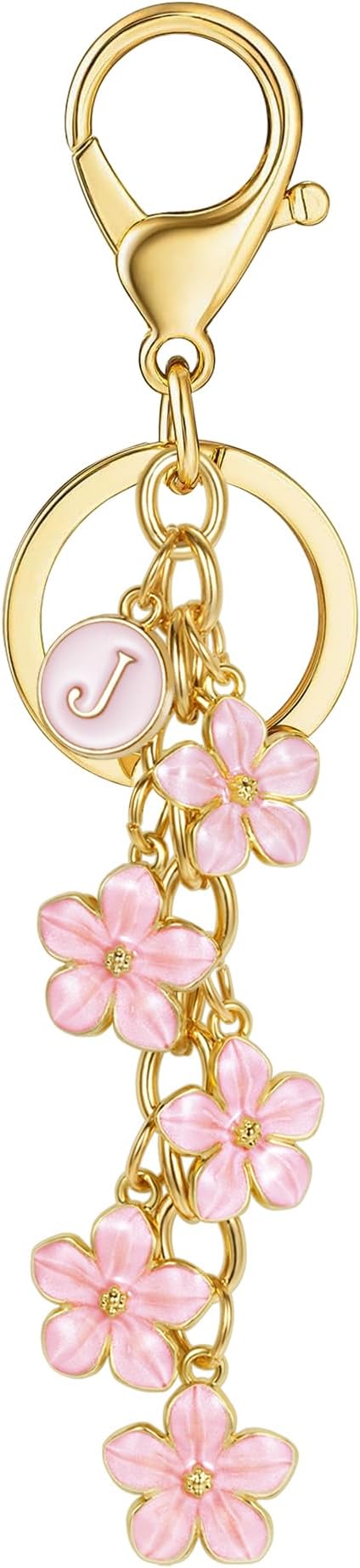 XGALBLA White Pink Black Cute Initial Letter Keychain for Women, Flower Bag Charms Enamel Keyring for Handbag Backpack