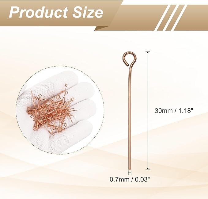 HARFINGTON 100pcs Open Eye Head Pins 1.18" 30mm Mini Metal Wire Eye Pins Beading Small Needles Bulk for Earring Pendant Necklace Bracelet Charm Jewelry Making Findings DIY Craft, Rose Gold