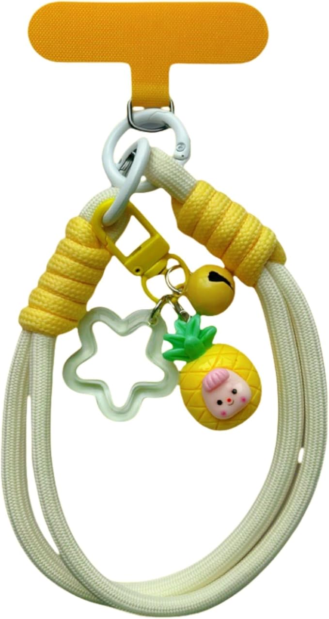 Dopamine Vibes Universal Wrist Strap - Korean-Style Short Phone Lanyard with Cute Yellow Pineapple Charm, 7mm Rope, Trendy Anti-Theft Tether for Girls, Includes Pendant & Nylon Phone Tab