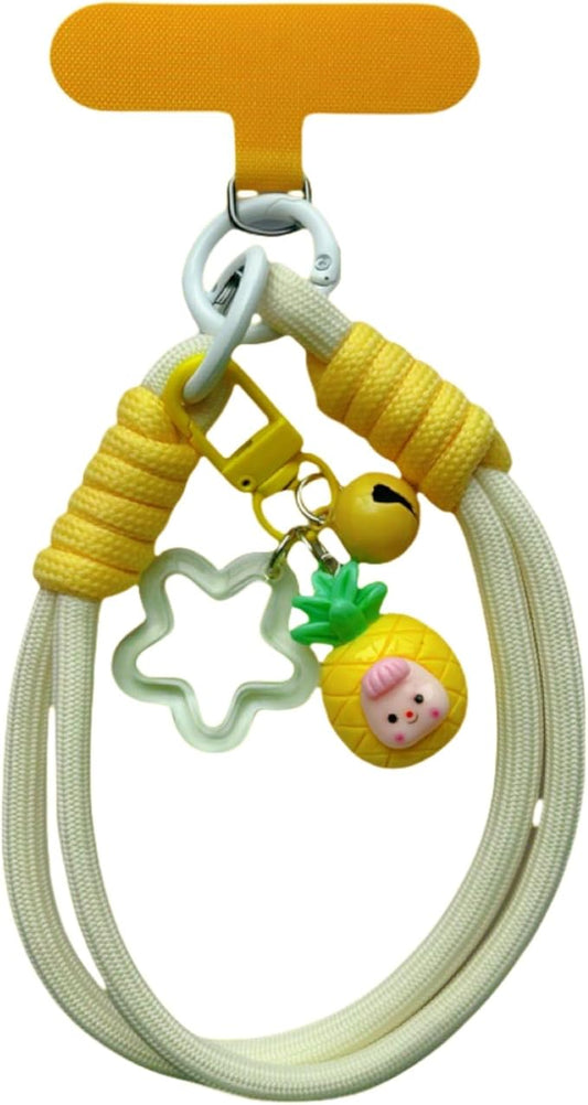 Dopamine Vibes Universal Wrist Strap - Korean-Style Short Phone Lanyard with Cute Yellow Pineapple Charm, 7mm Rope, Trendy Anti-Theft Tether for Girls, Includes Pendant & Nylon Phone Tab