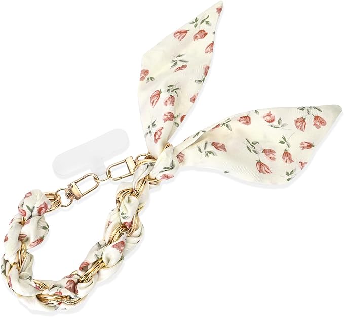 Fycyko Phone Wrist Strap with Gold Metal Scarf and Universal Tether Tab, Aesthetic Print Design Ribbon Chain, Multi-Purpose Accessories for Bag Key Cellphone for Men Women Girls-Beige Floral