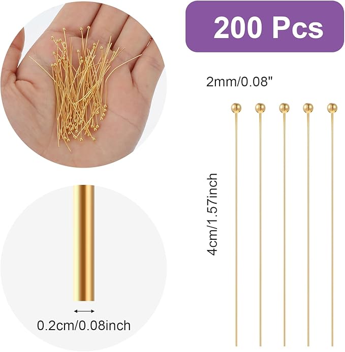 200Pcs Ball Head Pins for Jewelry Making, 40mm/1.57In, Gold Head Pins for Jewelry Making, Beading Pin for DIY Craft Earring Bracelet Necklace Pendant Supplies