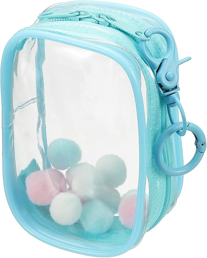 uxcell 3.5 Inch Clear Figure Display Bag, Mini Clear Pouch Waterproof Coin Pouch with Keychain and Pom Poms for Blind Box Doll Display (Square, Sky Blue)