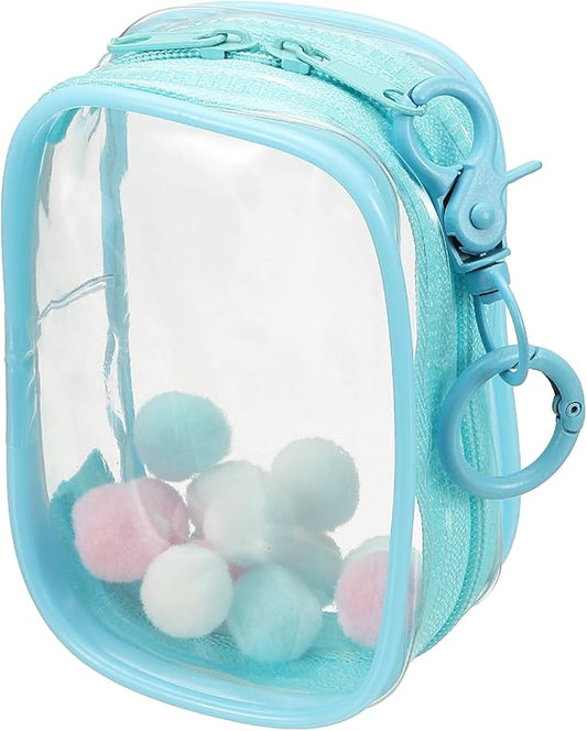 uxcell 3.5 Inch Clear Figure Display Bag, Mini Clear Pouch Waterproof Coin Pouch with Keychain and Pom Poms for Blind Box Doll Display (Square, Sky Blue)
