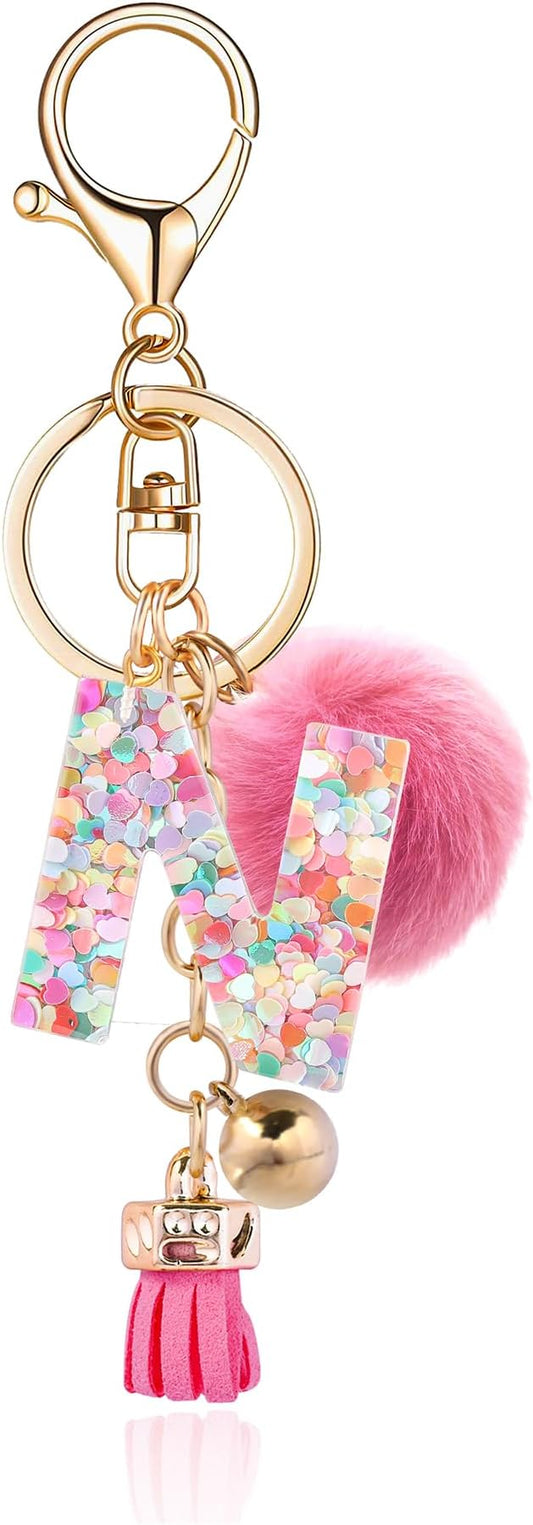 Resin Alphabet Initial Letter Keychain Keyring for Women Purse Handbags With Fur Ball Pom