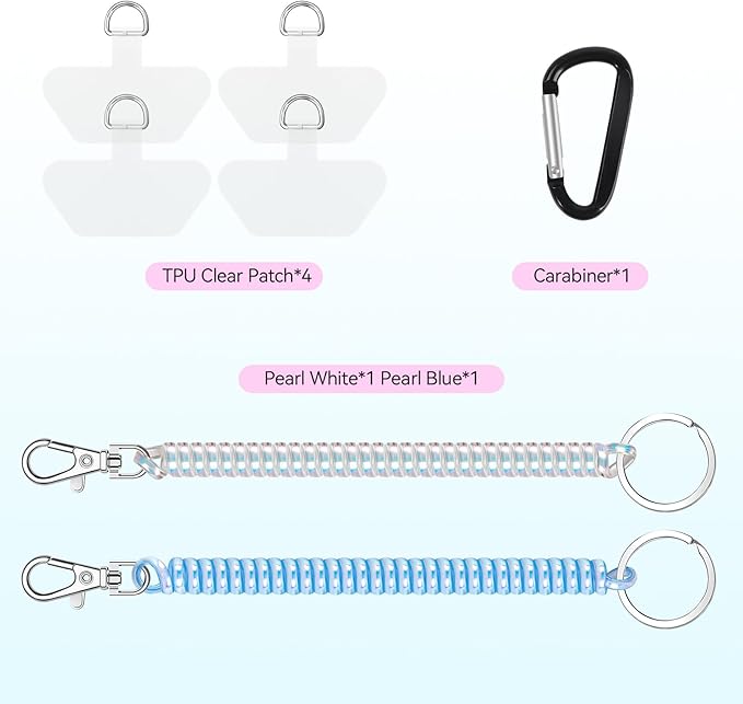 Doormoon Phone Lanyard Leash with 4 Patch, 2* Phone Tether, 4* Phone Tether Tab, 1* Carabiner for Climbing Outdoor Hiking Cycling Skiing Compatible for Smartphones Keys, PearlWhite; PearlBlue