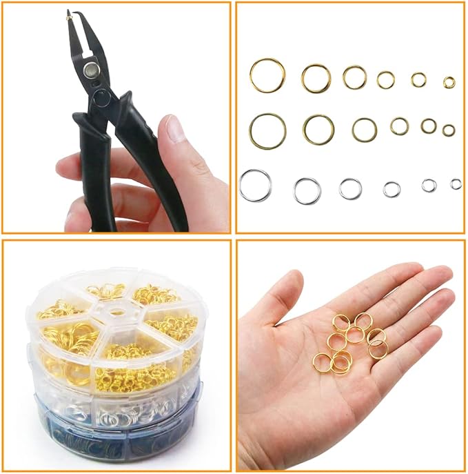 FSWCCK Split Rings for Jewelry Making, 2070 PCS Double Loops Split Jump Ring with Ring Pliers, Mini Metal Ring Pliers Connectors 4mm to12mm and DIY Crafts, Silver, Gold and Bronze
