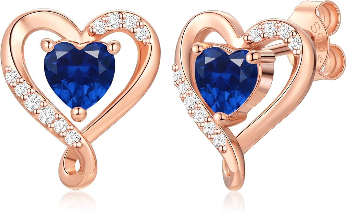 Zifeel Earrings for Women, S925 Sterling Silver Rose Gold Birthstone Heart Studs Earring for Girlfriend Wife, Anniversary Birthday Christmas Valentines Mothers Day Gifts Jewelry for Women Wife Her Mom