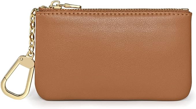 Premium Genuine Full Grain Leather Mini Coin Purse Keychain Pouch Card Holder for Men Women (Light Brown)