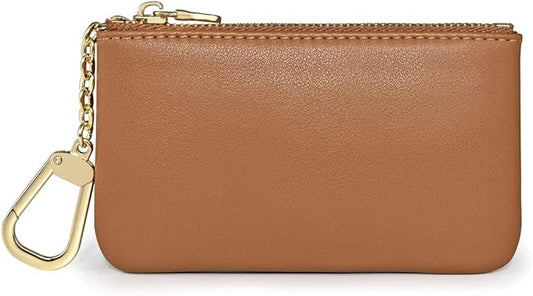 Premium Genuine Full Grain Leather Mini Coin Purse Keychain Pouch Card Holder for Men Women (Light Brown)