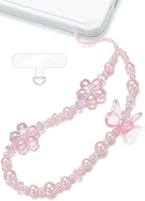 Pink Flower Phone Charm Wrist Strap, Cherry Blossom and Butterfly Beaded Lanyard Wristlet Chain, Anti-Theft & Hands-Free Bracelet Strap for iPhone & More Cell Phone Cases