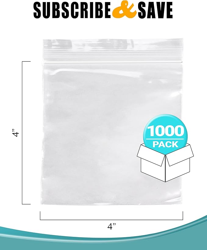 APQ Clear Plastic Reclosable Zipper Bags, 4 x 4 Inches. Pack of 1000 Reclosable Plastic Bags with Zipper Closure. 2 Mil Plastic Jewelry Bags. Waterproof Reclosable Zip Bags for Industrial Use