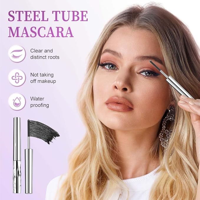 Iron Wand Mascara, Waterproof Metal Wand Mascara Volume and Length, Brushless Mascaras for Long-lasting No Clumping 3D Curling Eyelash (Black & Brown)