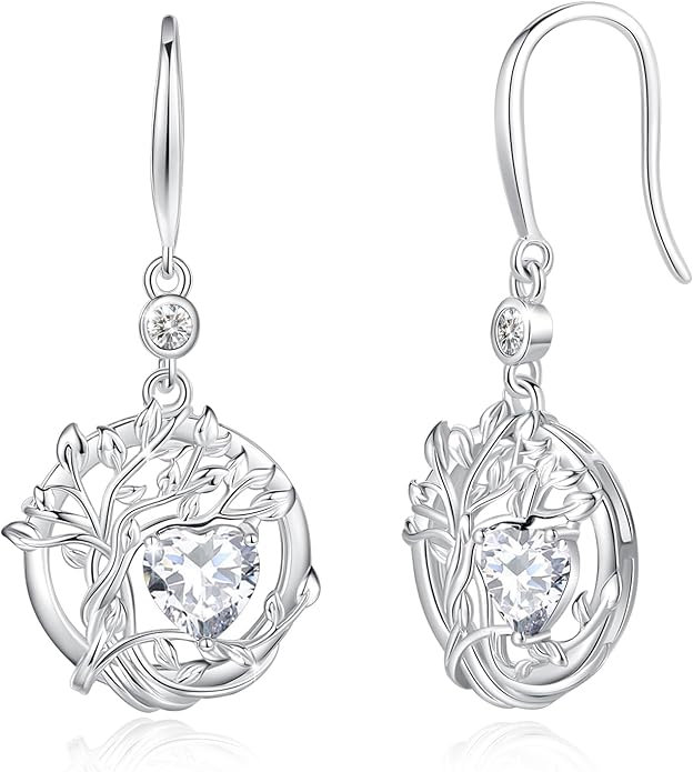 FANCIME Tree of Life Dangle Drop Earrings 925 Sterling Silver Dainty Round Gemstone Birthstone Earring Fine Jewelry Birthday Christmas Gifts for Her Women