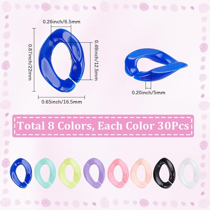 240Pcs 8 Colors Acrylic Chain Links Colorful Linking Rings Opaque Twist Oval Open Quick Chunky Necklace Chains Bag Strap Connector Ring for Jewelry Making Keychain Eyeglass Jean DIY Crafts