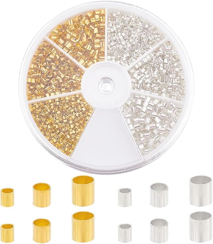 PH PandaHall Crimp Tube Beads, 3000 Pcs 1.5mm 2mm 2.5mm Brass Tube Crimp End Spacer Beads Cord End Caps Loose Stopper Bead for Earring Necklace Pendant DIY Jewelry Gift Making, Golden/Silver