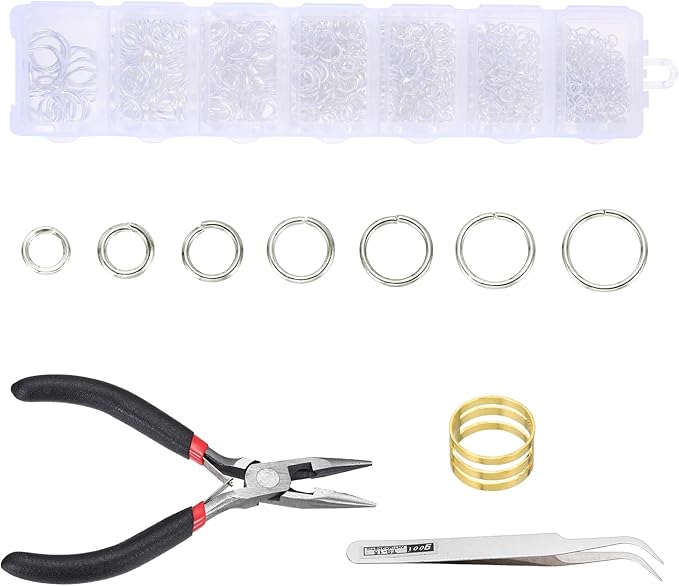 MECCANIXITY 1170Pcs Jump Rings for Jewelry Making, 7 Sizes Jewelry Making Kit with Jump Ring Opener & Pliers for Keychains Earings Repairing DIY Crafting White
