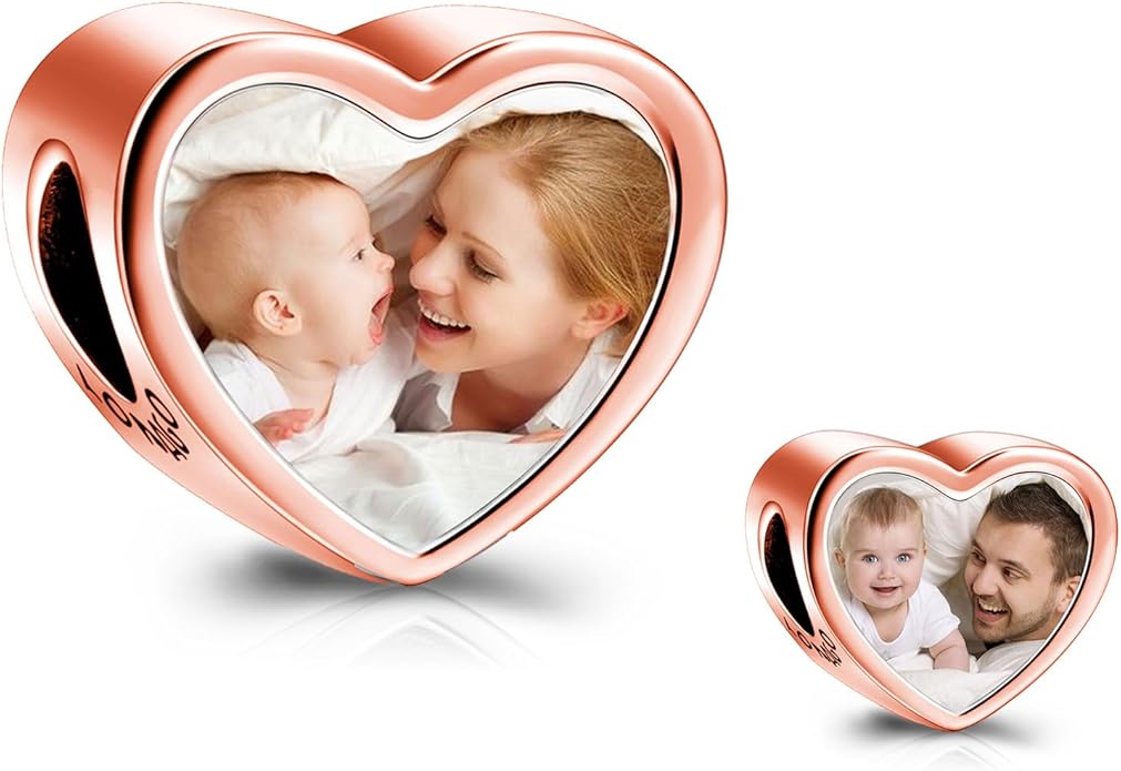 LONAGO 925 Sterling Silver Personalized Photo Charm Fit Compatible for Bracelet Necklace Customized Heart Round Shape Picture Bead