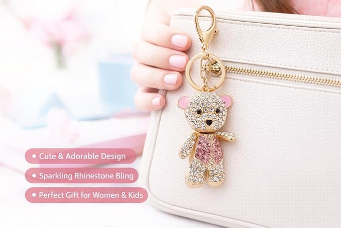 Cute Bear Key Ring Rhinestone, Pink Decorative Cartoon Metal Key Chain Lovely for Student Backpack Women Birthday Gift