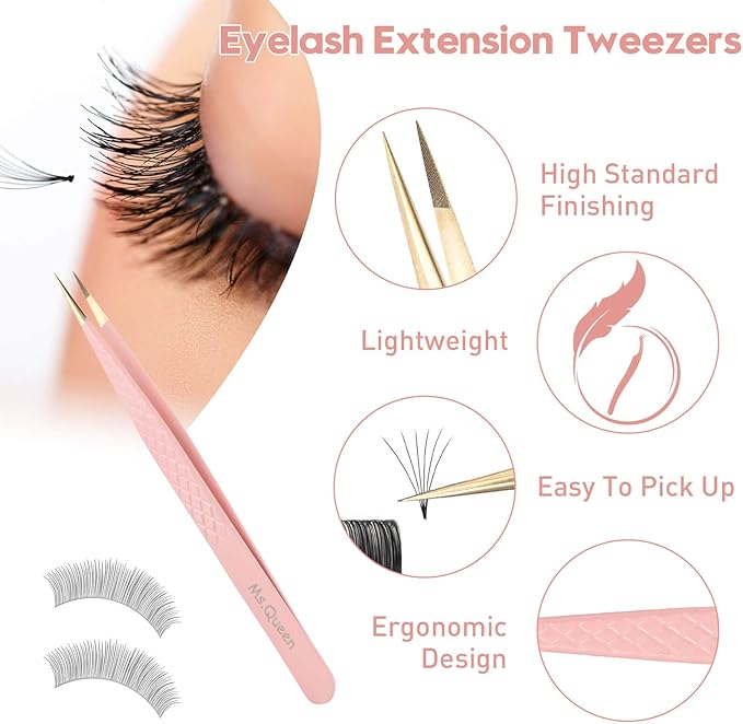 Ms.Queen Straight Tweezers for Eyelash Extensions,Fiber Tip Pointed Isolation Lashing Tweezers