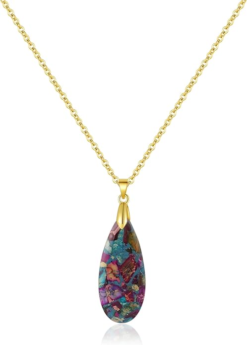 Sriomu Natural Healing Stone Chain Necklaces for Women Teardrop Gemstone Pendant Statement Gold Necklace