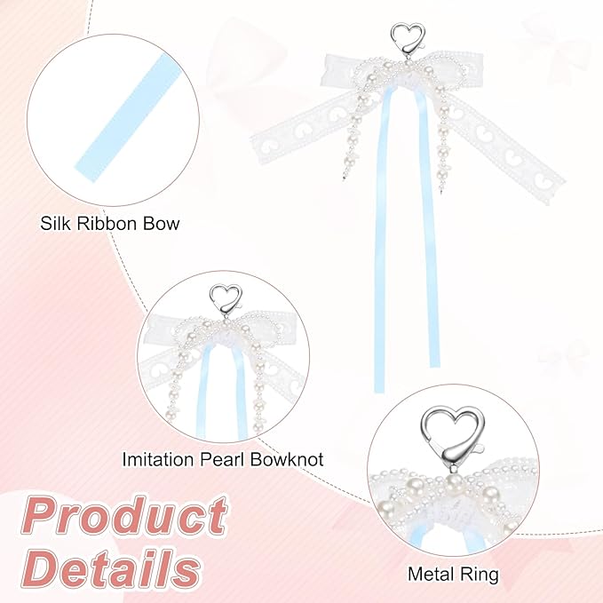 MECCANIXITY Pearl Bow Keychain, Y2k Aesthetic Hollow Heart Bowknot Ribbon Keyring, Cute Bag Charm for Tote Bags Purse Handbag