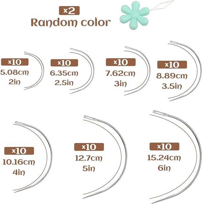 70 Pcs Curved Sewing Needles, 7 Sizes Curved Leather Hand Sewing Needles Upholstery Weaving Needles Embroidery Needle for Leather Projects Carpet or Canvas Wig Making