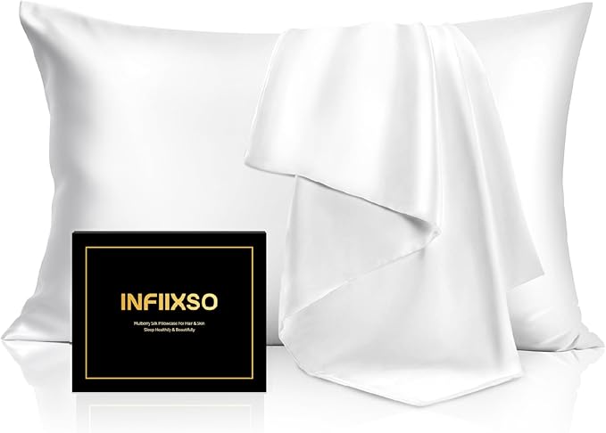 INFIIXSO Mulberry Silk Pillowcase for Hair and Skin, Silk Pillow Cases Queen Size with Hidden Zipper 20x30 Inches, Extraordinary Smooth and Soft Cooling Pillow Cases for Hot Sleepers(White, 1 Pack)