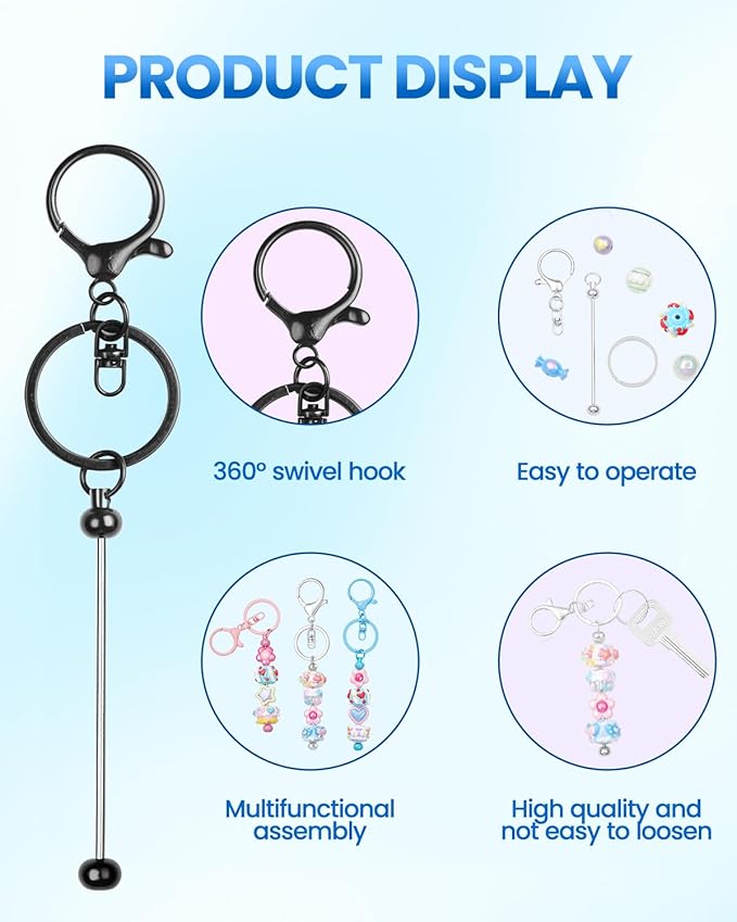 30pcs Beadable Keychains keychain bulk kit cute blank bead keychain strip DIY men's and women's making supplies crafts, jewelry, bag accessories, customized project gifts (Black)