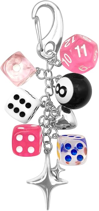 Y2K Keychain for Women, 8 Ball Dice Charm with Carabiner Clip - Cute Goth Core Keychain Bag Charm for Keys Bags Jeans