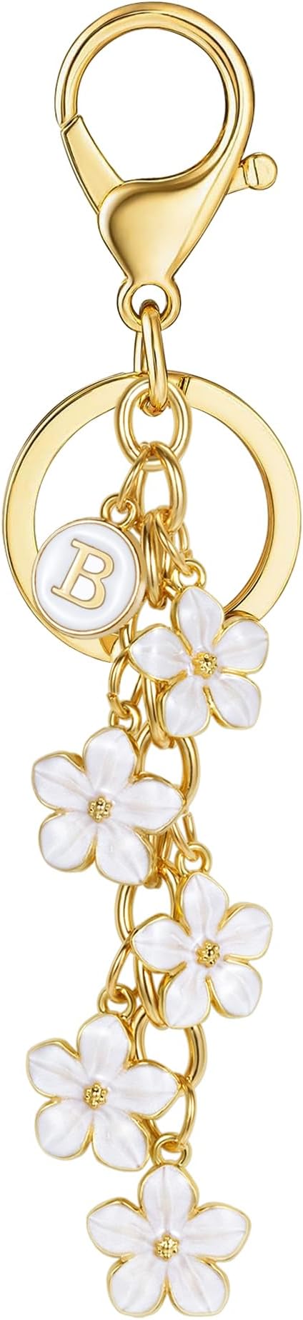 XGALBLA White Pink Black Cute Initial Letter Keychain for Women, Flower Bag Charms Enamel Keyring for Handbag Backpack