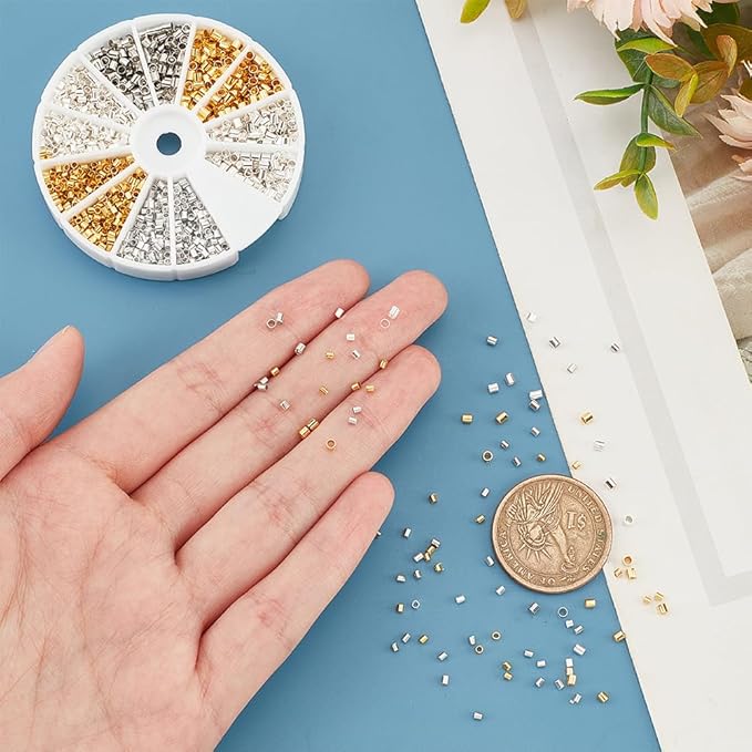 PH PandaHall Crimp Tube Beads, 3000 Pcs 1.5mm 2mm Brass Tube Crimp End Spacer Beads Cord End Caps Loose Stopper Bead for Earring Necklace Pendant DIY Jewelry Gift Making, Golden/Silver/Platinum