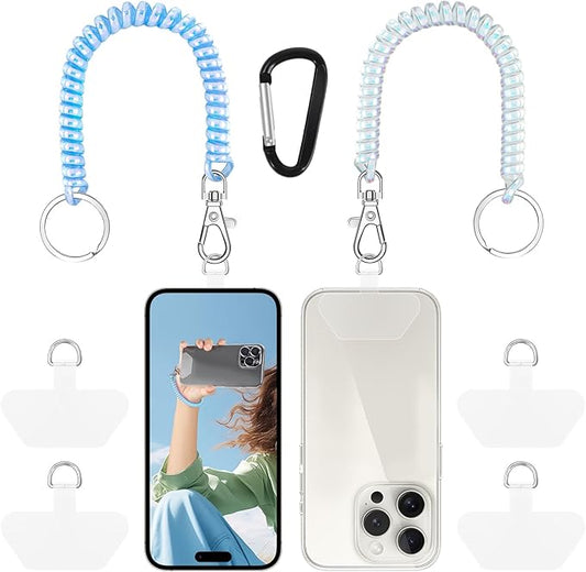 Doormoon Phone Lanyard Leash with 4 Patch, 2* Phone Tether, 4* Phone Tether Tab, 1* Carabiner for Climbing Outdoor Hiking Cycling Skiing Compatible for Smartphones Keys, PearlWhite; PearlBlue