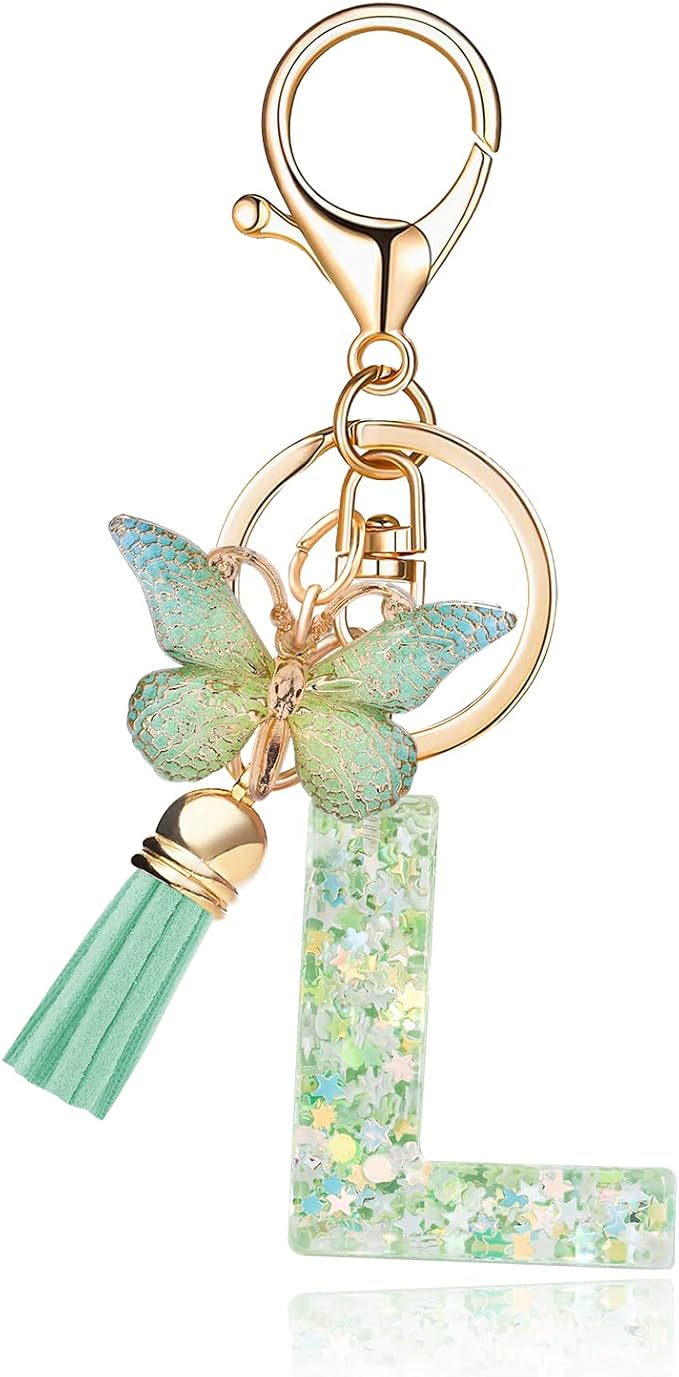Fashion Alphabet Initial Letter Keychain Tassel Butterfly Pendant Key Ring for Purse Handbags Women Girl